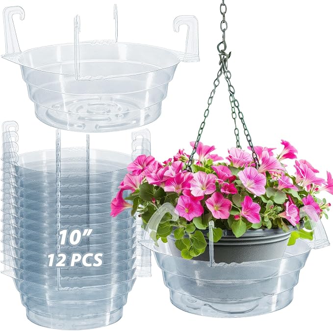 12 Pack Hanging Plant Water Catcher Tray, 10 Inch Clear Drip Pan Saucers for Hanging Planters & Pots, Indoor Self Watering Accessories for Hanging Plant Baskets (10" X 12P)