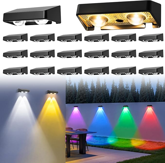 Solar Fence Lights Outdoor,50 LM 11 Modes & 9 Colors Solar Lights with Brighter LED Focus Lens Waterproof IP65 for Wall Backyard Deck Patio Porch Step Railings Pool Decor（20 Pack）