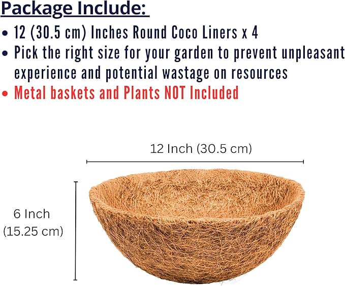 LaLaGreen 12'' (4 Pack, Round) Coco Liners for Hanging Basket – Small Coir Fiber Replacement for Flower Pot, Garden Holder, DIY Outdoor Planter – Multi Sizes 8/10/14/16/18/20 Inch & Different Shapes