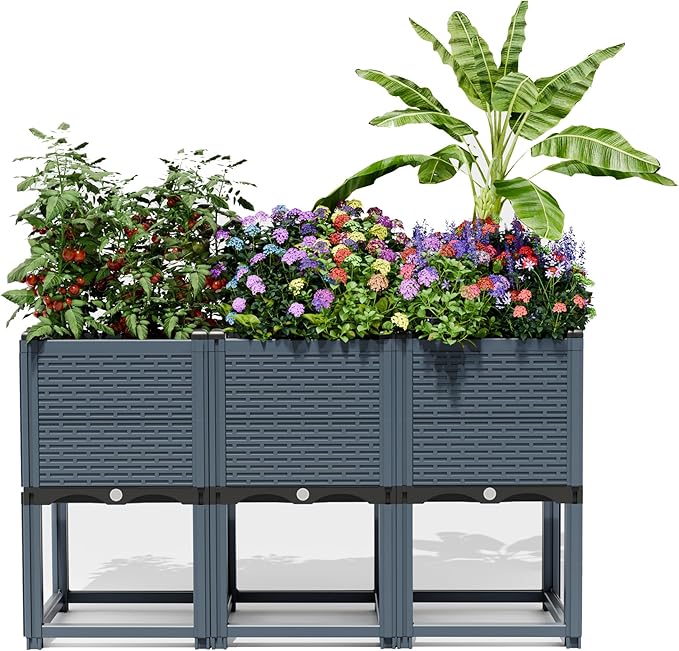 48" Self Watering Raised Garden Bed, Modular Planter Box with Water Level Indicator, Weather Resistant for Vegetables, Herbs & Flowers, 3-in-1 Configurable Design, Gray