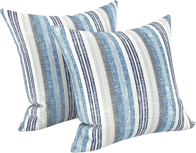 LVTXIII 2 Pack Outdoor Pillow Covers ONLY 18x18 Inch, Water-Repellent Square Decorative Cushion Covers for Patio Furniture, Garden, Sofa, Stripe Layered Blue