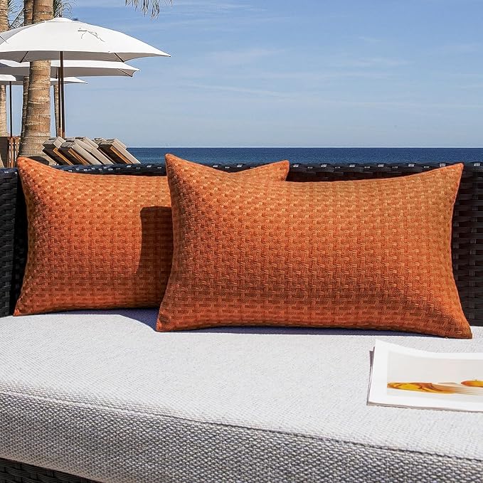 Kevin Textile Fall Outdoor Waterproof Throw Pillow Covers Pack of 2 Boho Farmhouse Decorative Lumbar Cushion Covers for Garden Patio Tent Balcony Bench Couch Sofa 14x24 Inch, Burnt Orange