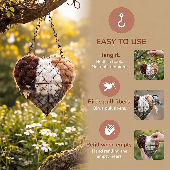 Handmade Alpaca Fiber Bird Nesting Heart – Refillable Bird Haven with 6 Nesting Material Refill Bags – Eco-Friendly Hanging Nest for Hummingbirds & Wild Birds, Garden & Yard Décor (3Sets)