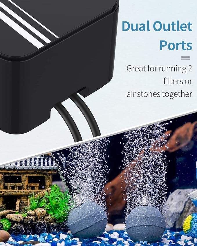 Pawfly 120 GPH Pond Aeration Kit Dual Outlets Adjustable Oxygen Aerator Pond Air Pump Kit with Stone Airline Tubing and Check Valve Accessories for Water Gardens & Koi Fish Ponds up to 300 Gallons