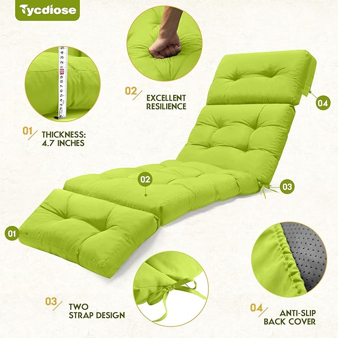 Waterproof Chaise Lounge Chair Cushions Outdoor 74.4 x 22 x 4.7 Inches Thickened Memory Foam Pool Chaise Lounge Chair Cushions Replacement for Outdoor Patio Furniture with Ties, Light Green