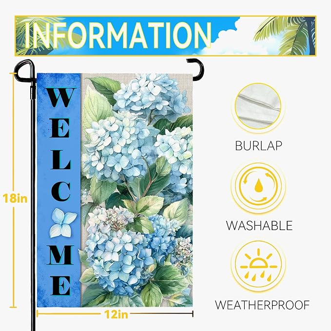 Hydrangea Garden Flags Welcome Spring Summer Yard Flag Waterproof Blue Floral Garden Flag for Outside Double Side Burlap Flowers House Banner Decor Standard Size 12×18 Inch