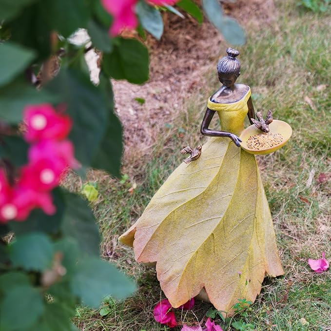 DiliComing Large Garden Fairy Statue Bird Feeder & Bird Bath - 23-Inch Resin Outdoor Yard Decor Angel Statue, Decorative Girl Sculpture for Garden, Lawn, Patio Yellow
