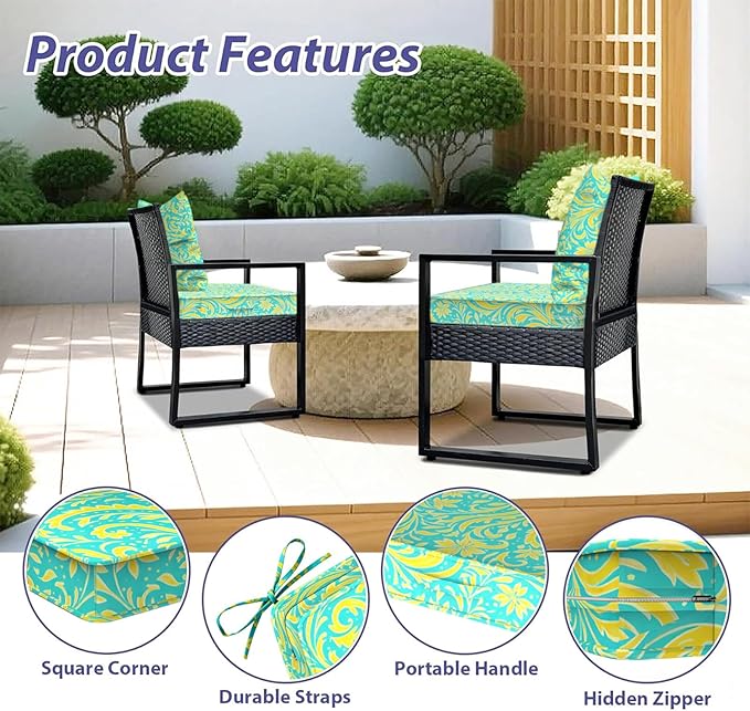 COZEER Patio Chair Cushions 24x24 Inch, Waterproof Fade Resistant Outdoor Cushions for Patio Furniture, Edge Binding Design with Handle, Adjustable Straps & Hook and Loop Fastener (Pattern)
