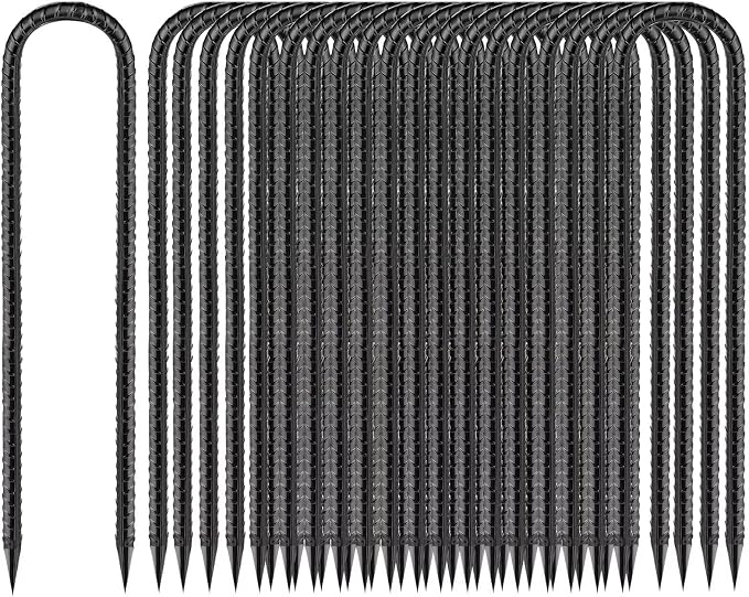 Ground Stakes Heavy Duty 12 inch, U-Hook Rebar Stakes Black Coated Anti-Rust 20pcs Garden Stakes Metal Ground Anchors for Garden Dog Fence Chicken Coop Christmas Decorations Deer Fence