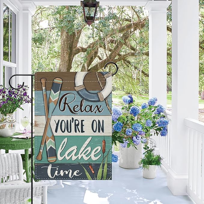 Dyrenson Relax You're on Lake Time Theme Decorative Garden Flag, Spring Summer Lakehouse Paddle Life Buoy Yard Outside Home Decorations, Farmhouse Burlap Outdoor Small Decor Double Sided 12 x 18