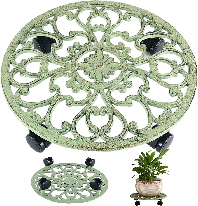 14 Inch Rolling Plant Stand with Wheels Metal Plant Caddy with Wheels Heavy Duty Round Plant Stand Indoor Iron Plants Rollers for Plants, Retro Green Plant Dolly 1 Pack
