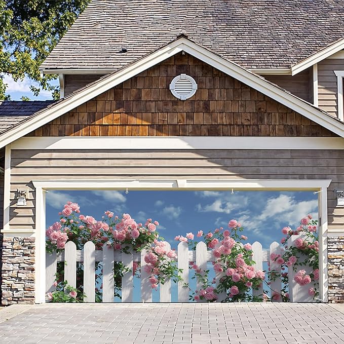 6 * 13FT Summer Garage Door Cover Decorations Rose Garage Door Banner for Outdoor Indoor Summer Party Photography Backdrop
