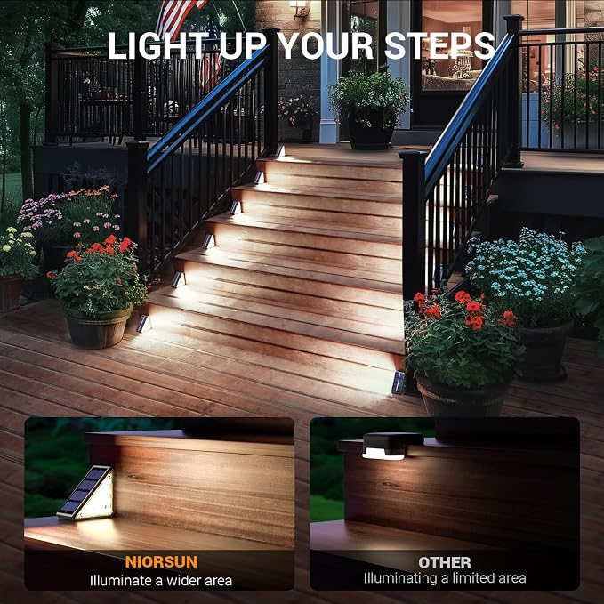 NIORSUN Outdoor Step Lights, 8 Pack Solar Stair Lights Outdoor Waterproof IP67 Auto On Off, Solar Lights for Steps,Stair,Patio,Yard,Porch,Front Door,Sidewalk,Deck Decor,Cool White