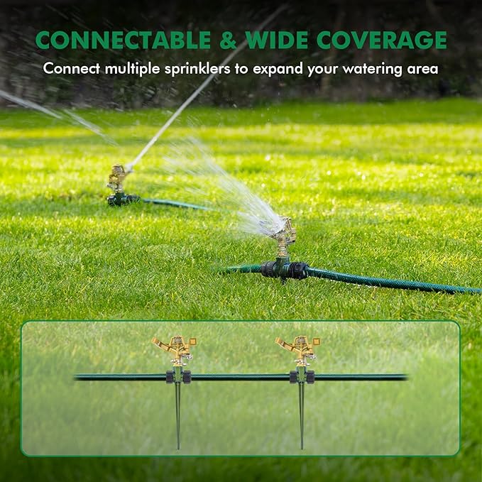 RESTMO Heavy Duty All-Metal Impact Sprinkler, Zinc Alloy Lawn Sprinkler Head on Sturdy Spike Base, 360° Adjustable Coverage Nozzle for Large Area Irrigation