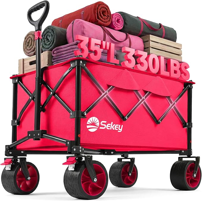 Sekey 150L Wagons Carts Foldable with Big All-Terrian Beach Wheels, Collapsible Heavy Duty Wagon, Extra Large Folding Wagon, Foldable Wagon for Camping, Garden, Sports. Pink