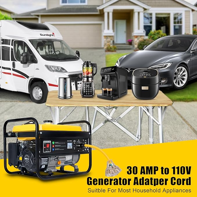 30 Amp to 110 Outdoor Generator Adapter Power Cord, 3 Prong Locking 30 Amp to 15 Amp Generator Cord, NEMA L5-30P Male to 3X 5-20R Female with Lighted End, 1.5FT