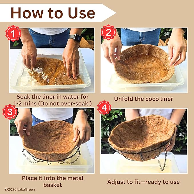 LaLaGreen 10'' (16 Pack, Round) Coconut Liners for Hanging Basket – Bulk Small Coco Coir Fiber Replacement for Pot, Garden Holder, Outdoor Planter – Multi Sizes 10/12/14/16/18/20’’ & Different Shapes