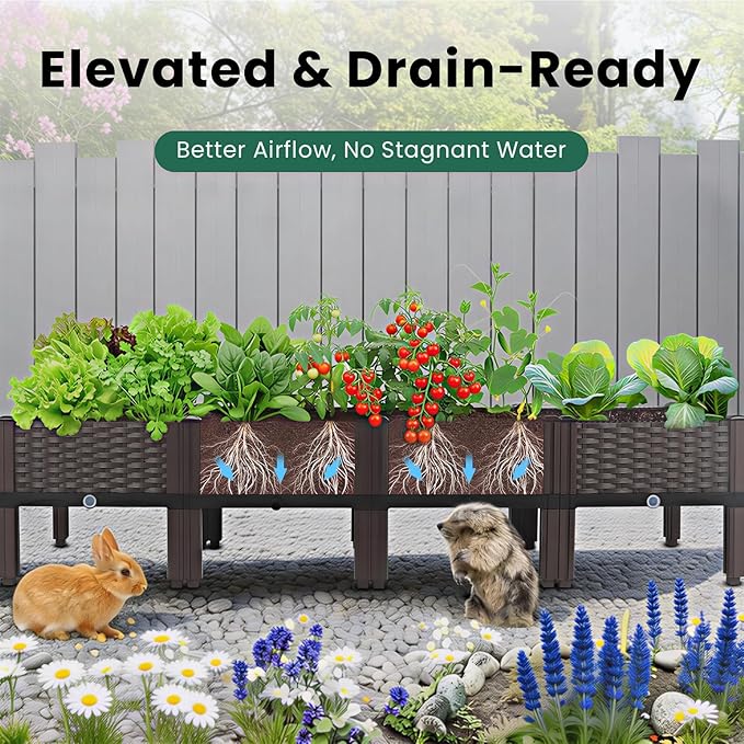 Raised Garden Bed with Legs & Drain Outlet, Self-Watering System Outdoor Elevated Wicker Planter Box Rectangular Patio Plant Containers for Vegetables, Flowers (4-Box)