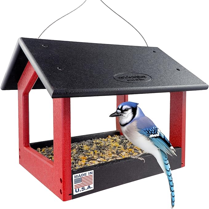 DutchCrafters Amish USA Made Recycled Plastic Large Hanging Modern Fly Through Covered Roof Open Platform Tray Bird Feeder for Outdoors, Garden, Yard (Black & Red)