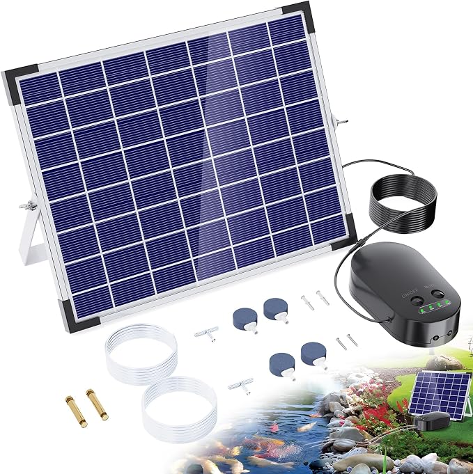 POPOSOAP Solar Pond Aerator, Solar Air Pump with Adjustable Airflow, Quiet Solar Pond Oxygen Pump for Koi Pond, Garden Pond, Fish Tank, Hydroponics