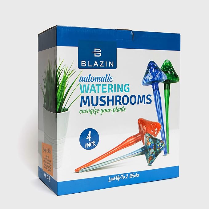 Blazin Indoor Plant Watering Globes | Mushroom Shape | Automatic Self Water Bulbs | Aqua Water Globe | Decorative Hand-Blown Glass | 4pc Deluxe Set (Large)