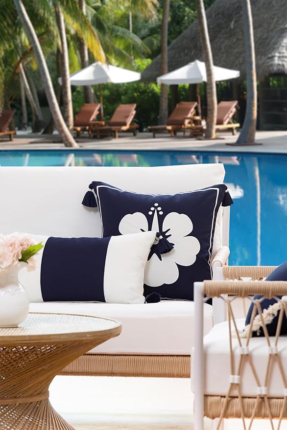 Hofdeco Premium Coastal Patio Outdoor Performance Lumbar Pillow Cover Only, 12"x20" Water Repellent, UV and Fade Resistant for Backyard, Couch, Dark Navy Blue Color Block with Tassels