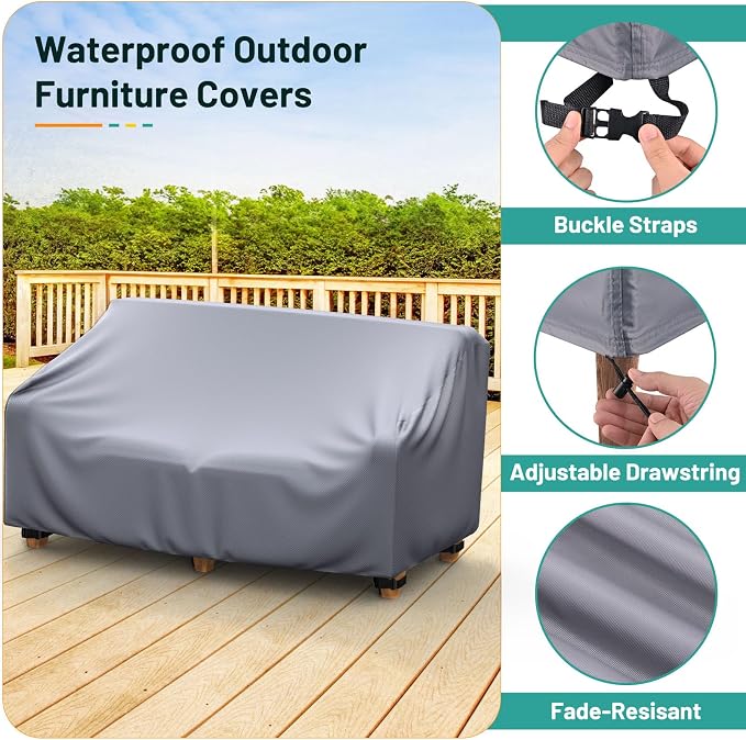 Mrrihand Patio Furniture Covers - 4 Piece Outdoor Furniture Set with Waterproof Sofa, Chair, Coffee Table Covers - Windproof Buckle Strap and Adjustable Drawstring - Grey