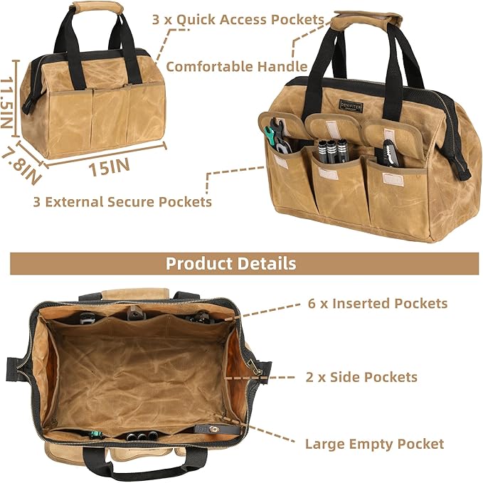 Tool Bag, 15-inch Heavy Duty Wide Mouth Water-Resistant Tool Pouch, Tool Tote with Handle for Tools, Wrenches, Screwdrivers (15 X 7.8 X 11.5 inch) | Khaki