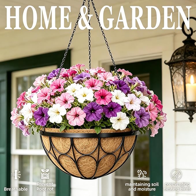4 Pack 12 Inch Hanging Planters for Outdoor Plants，Large Wire Flower Hanging Basket with Coco Liners for Balconies, Patios, Porch, Terraces Decor