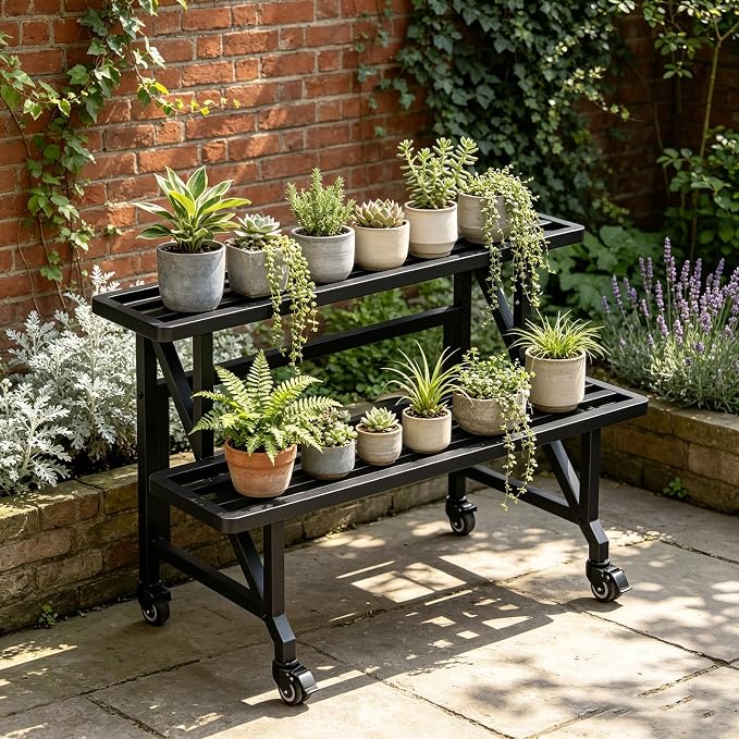 Metal Plant Stand with Wheels, 35.43" Wide Indoor Outdoor Flower Pot Rack, Black, 230 lb Capacity for Patio, Balcony, Living Room (2-Tier)