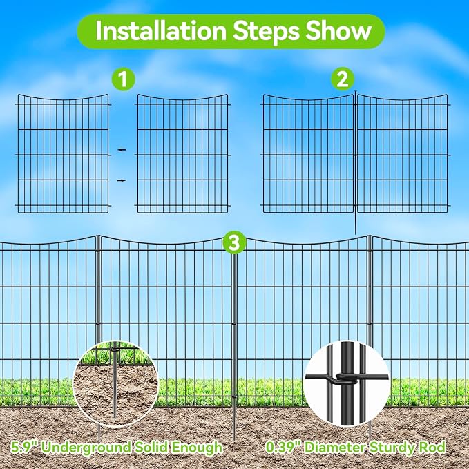 INJOPEXI Decorative Garden Fence 6 Panels 11.8ft(L)×30in(H) Garden Fences Outdoor with 6 Panels Rustproof Metal Wire No Dig Temporary Animal Barrier Fencing for Backyard Patio - Without Fence Gate
