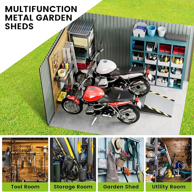 Outdoor Metal Storage Shed, 10x12ft Galvanized Steel Garden Tool Shed with Lockable Doors, Extra Large Outdoor Storage Sheds for Patio Lawn Backyard Outside Use, Brown