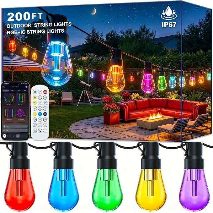 LETIANPAI 200ft RGB+IC Outdoor String Lights, IP67 Waterproof LED Color Changing Clear Bulb String Lights with App & Remote Control, Shatterproof Hanging Patio Lights for Backyard Garden Party