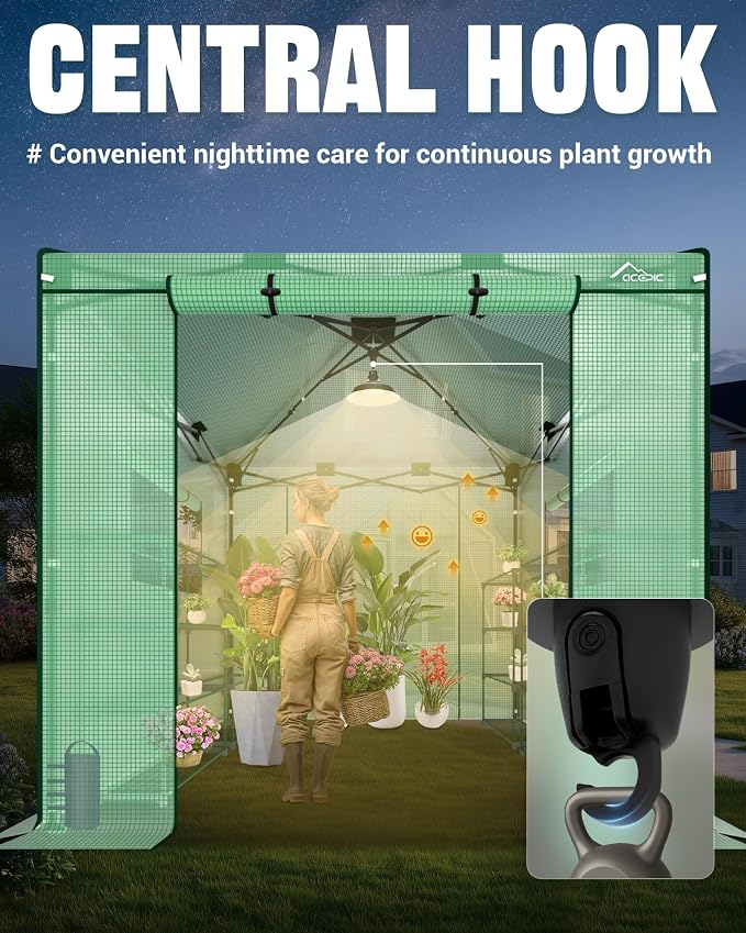 Acepic 8x8 Instant Pop up Greenhouses, Indoor Outdoor Portable Greenhouse Walk-in for All Season, Small Green House with Roll-Up Zipper Doors and Side Windows, 4 Sandbags, Pe Cover, Green/Clear