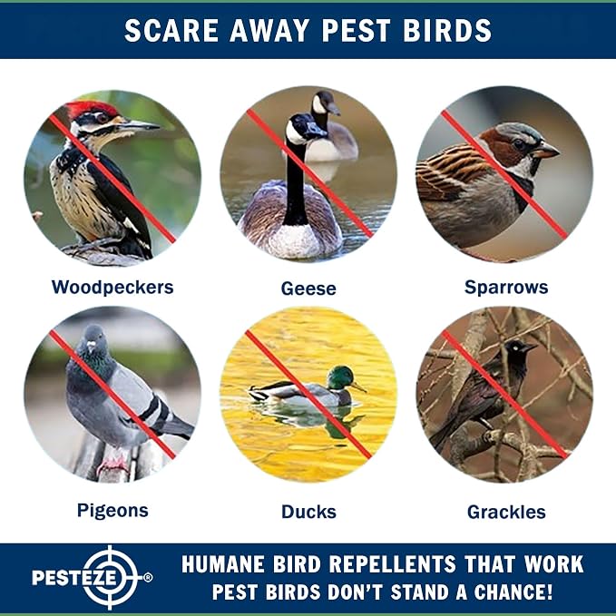 PESTEZE USA Owl Bird Deterrent Reflective Hanging Decoy Repellent with Bell, 4 Pack 6 x 13.5 in Shiny Scare Device Keep Birds Away Outdoor Porch Garden Yard Patio Protect Property