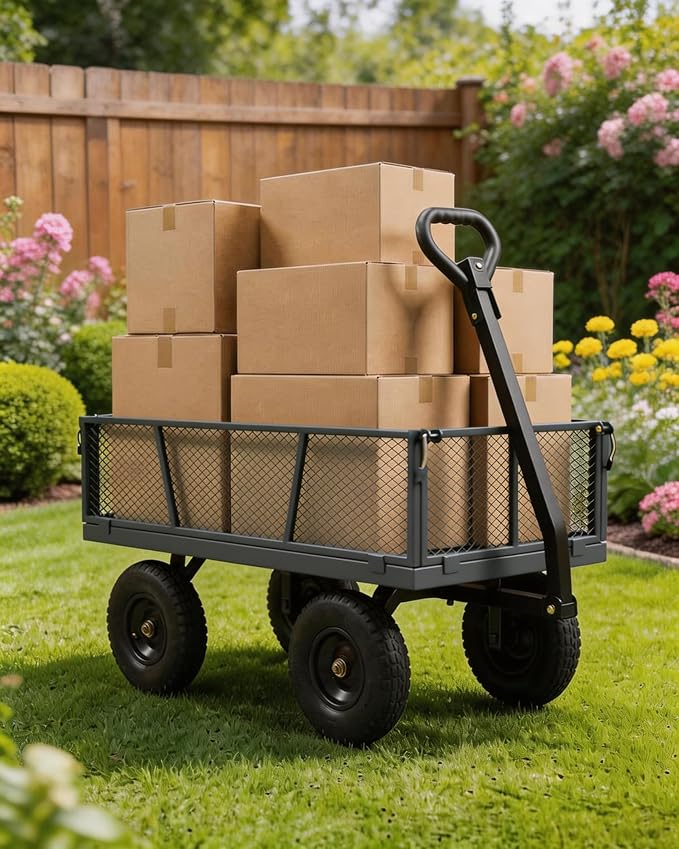 GarveeTech 400LBS Heavy Duty Steel Garden Cart, Garden Wagon Cart on Wheels, Metal Yard Utility Wagon with Removable Mesh Sides, 10" All Terrain Tires, 180° Rotating Handle for Lawn, Garden, Farm