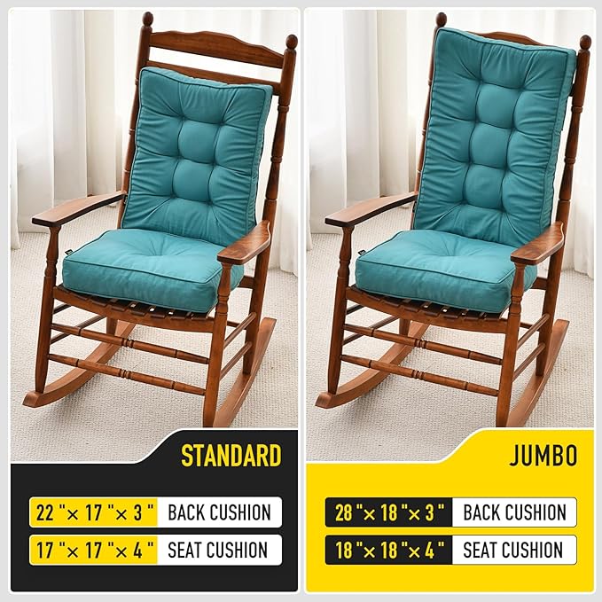 SUNROX Memory Foam Non Slip Rocking Chair Cushion, FadeShield Water Resistant Thicken Durable Tufted Pads, Set of Seat & Back Cushion with Ties for Indoor/Outdoor Rocker, 2 Piece, Turquoise