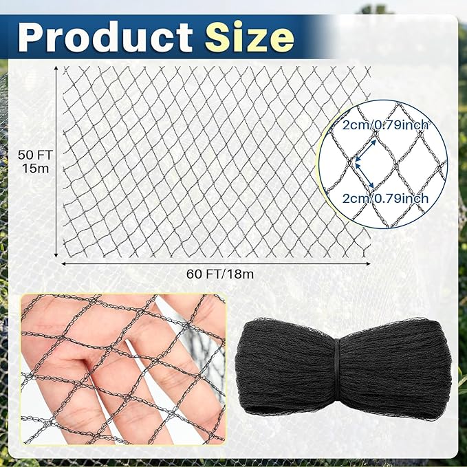 50 x 60 ft Heavy Duty Polyethylene Aviary Anti Bird Netting for Garden Fence Blueberries Fruit Tree Plant with 0.79" Mesh UV-Protected for Chicken Coop Poultry Roof Against Gamefowl Hawk Deer