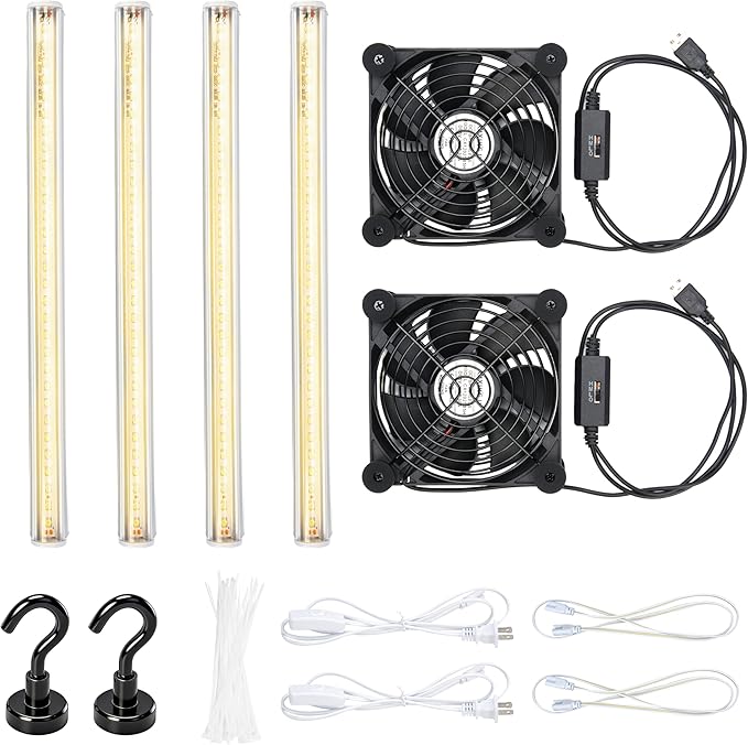 LUVCOSY 4 Pack T5 Grow Light Strips + 2 Pack USB Fans for Indoor Plants, Accessories Set for Indoor Greenhouse Cabinet for IKEA, Full Spectrum Sunlight Grow Lamp & Silent Portable Cooling Fan-ALL IN 1
