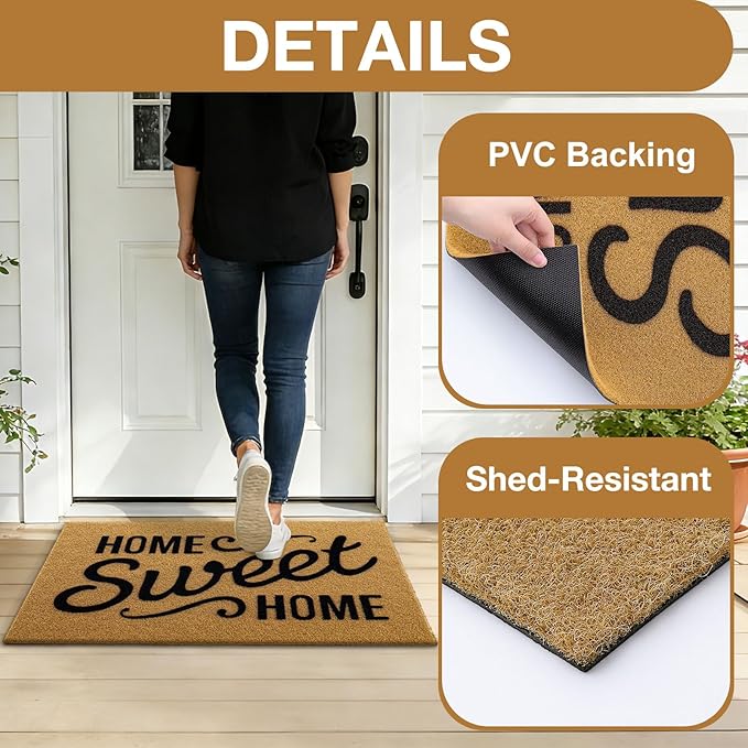 OLANLY Front Door Mat, Low Profile Doormat, Stain and Fade Resistant, Easy to Clean, for Indoor and Outdoor Entrances, Patio Porch or Entryway, Brown (35x23 Inch, Home Sweet Home)