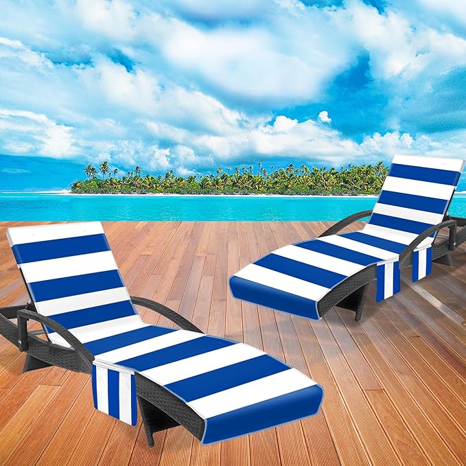 Lounge Chair Towel Cover, Chaise Lounge Cover (Pack of 2), Beach Chair Covers with 3 Pockets for Pool Sunbathing Beach Garden Courtyard Outdoor Trips, 85 x30 in, H Striped Dark Blue