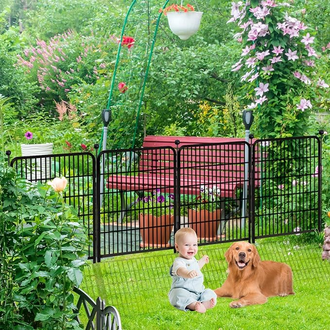 Getlay Garden Fence with Gate 48 in(H)×27 in(L) 4 Panels, Heavy Duty Iron Animal Barrier Fence, Rabbit Fence for Garden, Suitable for Indoor Pet Or Outdoor Dog Fencing, Total 8.9 Ft(L), Black