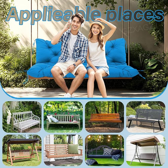Porch Swing Cushions 5" Thicken Waterproof Outdoor Swing Cushions 3 Seater Replacement with Backrest and Ties Patio Swing Cushion for Outdoor Furniture Bench Backyard Lawn Garden(Peacock Blue)