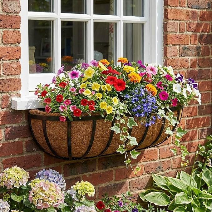 24 Inch Railing Planter Boxes 2 Pack Metal Window Box Planters with Coco Coir Liners, Horse Trough Planter with Adjustable Brackets for Deck Balcony Fence Porch Patio Outdoor Garden, Black
