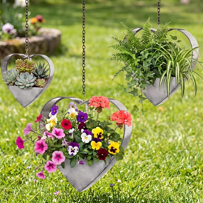 3 Pcs 3 Size Heart Metal Hanging Planter Indoor Outdoor, 13.4" 10.6" 7" Large Metal Plant Hangers Vintage Flower Pot with Hook Chain Drain Hole Gift for Gardener Women Mom Home Decor(Silver)