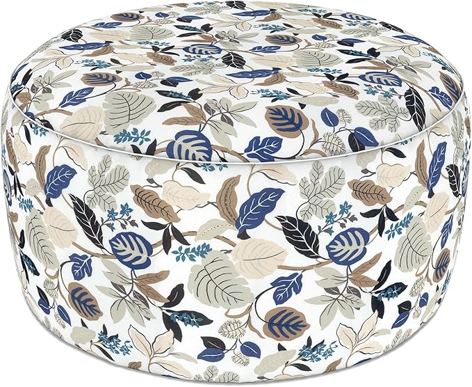 LVTXIII Indoor/Outdoor Large Inflatable Ottoman Pouf D31 x H14 Inch, Round Footstool with Handle, Weather-Resistant Portable Furniture for Patio, Camping, Beach, Breeze Leaves Beige