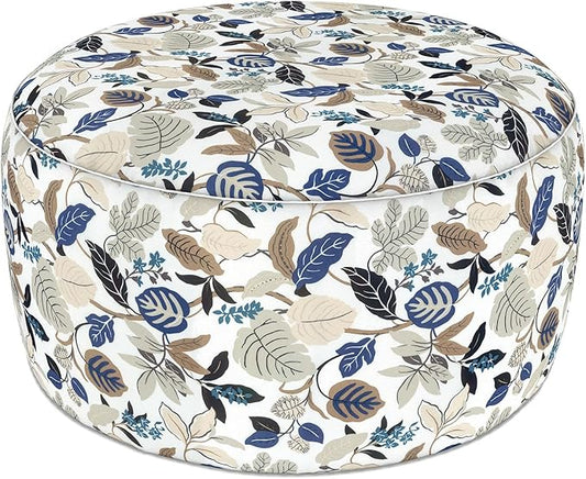 LVTXIII Indoor/Outdoor Large Inflatable Ottoman Pouf D31 x H14 Inch, Round Footstool with Handle, Weather-Resistant Portable Furniture for Patio, Camping, Beach, Breeze Leaves Beige