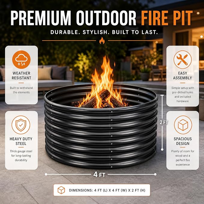 Jotesnew 48 inch Fire Pit Ring, 4x4x2FT Galvanized Fire Ring, Wood Burning Fire Pits Ring, Outdoor Fireplace Height 2FT, Round Camp Fire Ring, Bonfire Pit for Camping, Backyard (4x4x2FT)