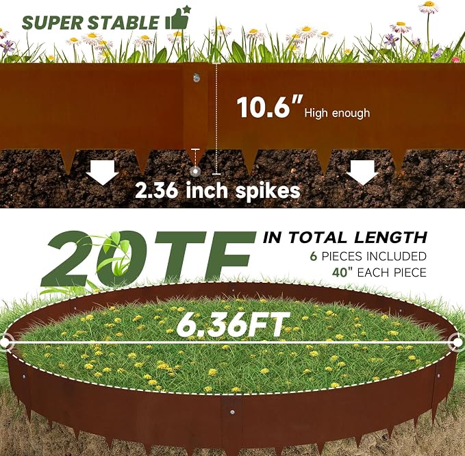 Corten Steel Landscape-40 LX 10" H Metal Garden Edging 20FT Total Rusted Lawn Edging 6 Pcs-No-Dig Hammer Heavy Duty Steel Edging-Bendable Border Strips for Lawn Yard Courtyard Pathway-6 Clips