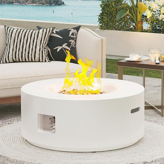32.5 Inch Propane Fire Pit Table, 50,000 BTU Round Patio Fire Pit Table Outdoor, CSA Certified, Stainless Burner with Steel Lid, Waterproof Cover & Lava Rocks, for Garden Backyard, White